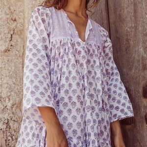 Daughters of India Jasmit Long Sleeve Lavender Floral Woodblock Print Maxi Dress